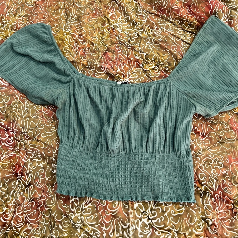 O'Neill Sage Green Smocked Off-Shoulder Crop Top